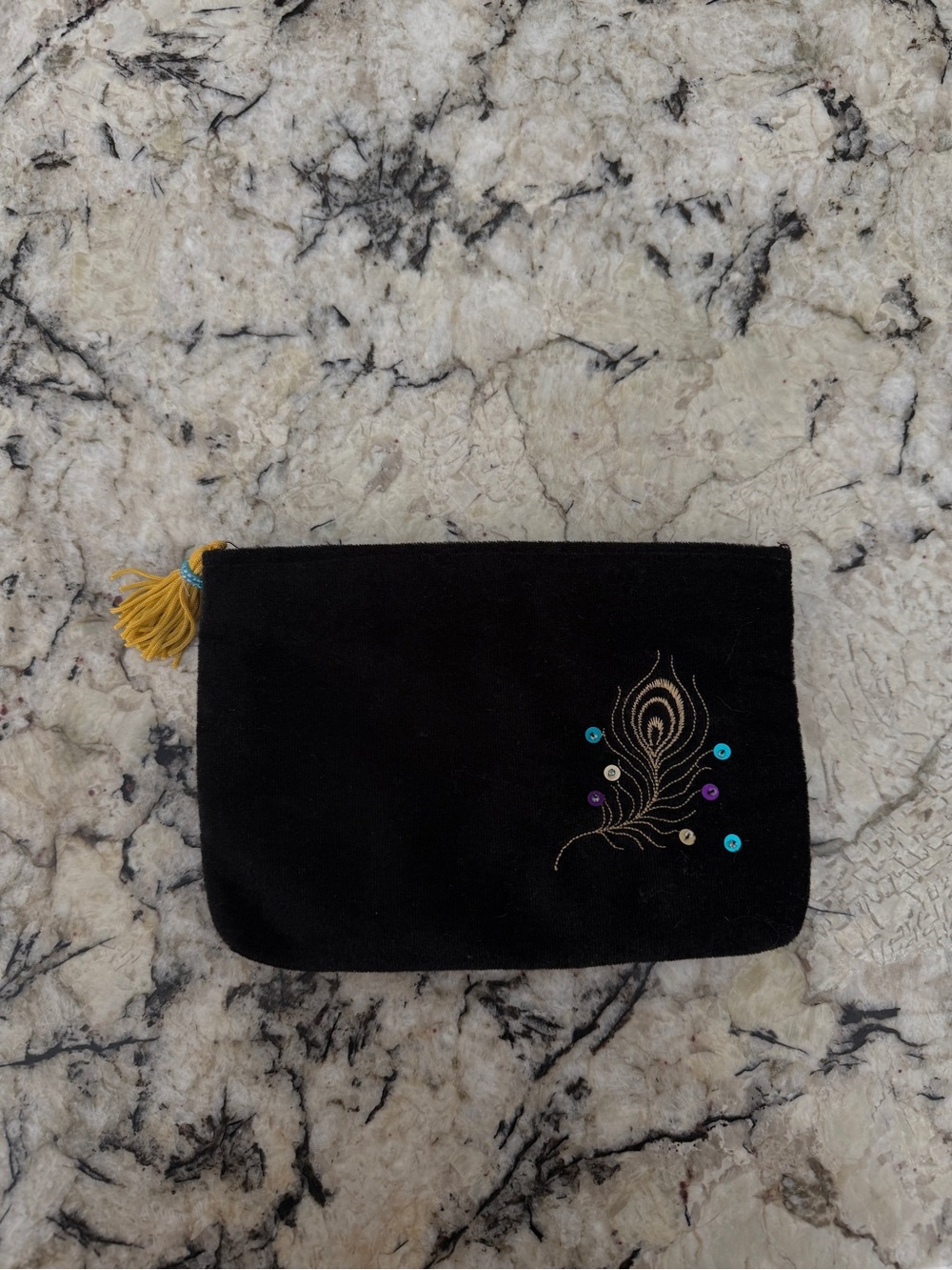 Pier 1 Black Velvet Clutch with Gold Embroidery and Yellow Tassel